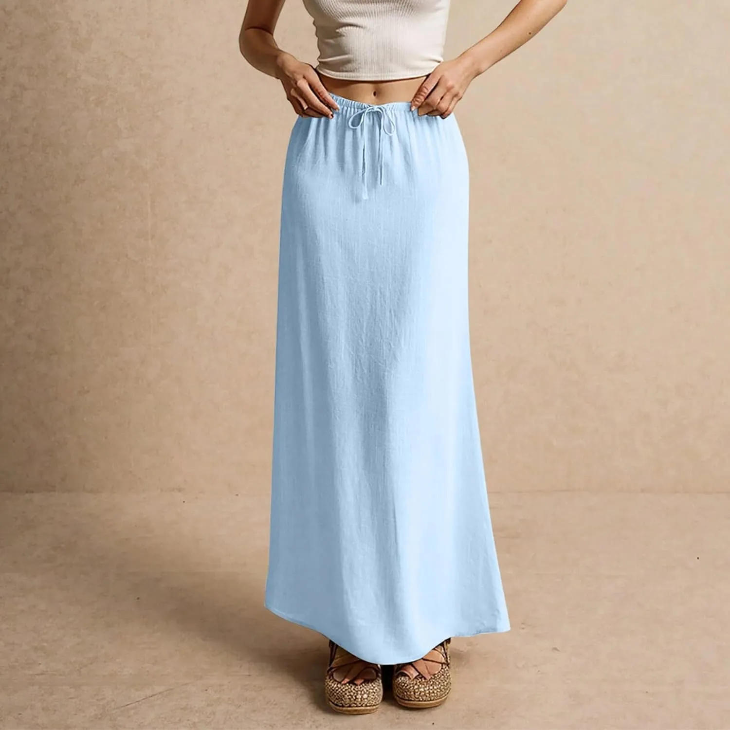 Linen Maxi Skirts for Women Trendy Summer Comfy Drawstring Waist A Line Skirts Cute Vacation Boho Long Flowy Skirts