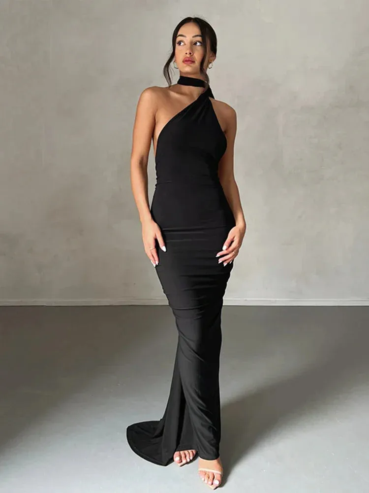 Long One Shoulder Slim Bodycon Backless Nightclub Sexy Summer Maxi Dress