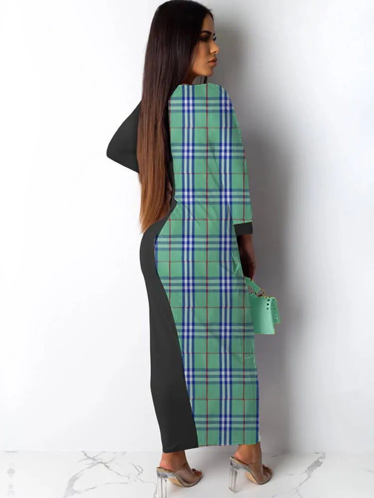 Long Sleeve Plaid Print Patchwork Maxi Dresses