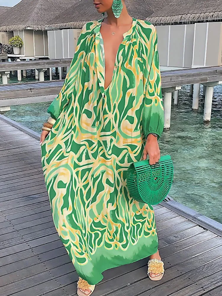 Long Sleeve V Neck Floral Print Maxi Dresses