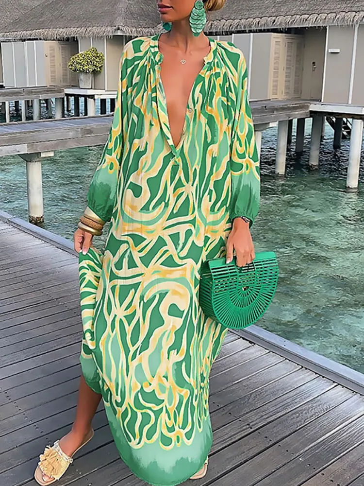 Long Sleeve V Neck Floral Print Maxi Dresses
