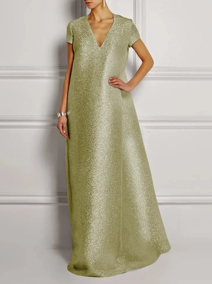 Loose Short Sleeves Shiny Solid Color V-Neck Maxi Dresses L 124209