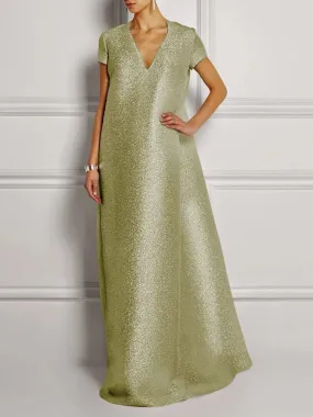 Loose Short Sleeves Shiny Solid Color V-Neck Maxi Dresses L 124209