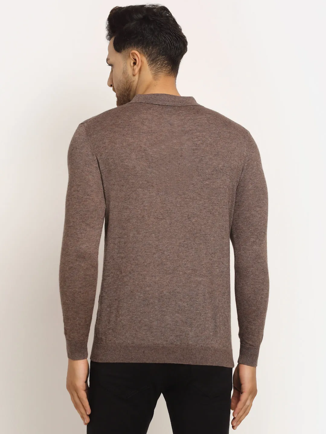 Men Brown Polo Neck Knit Solid Pullover