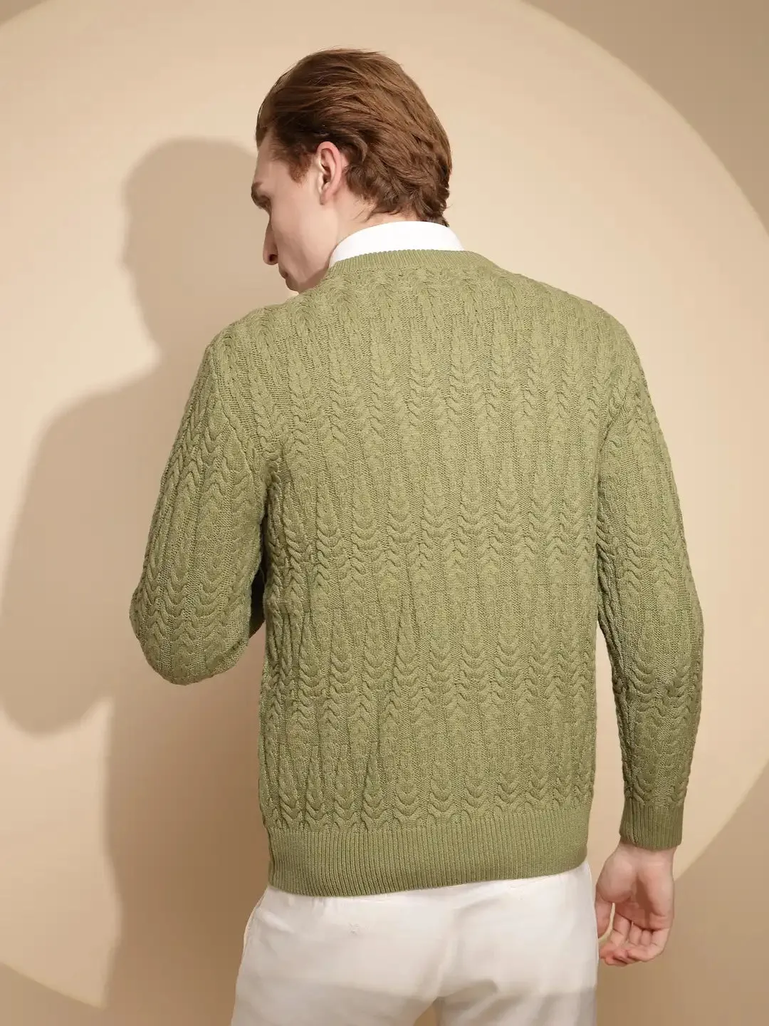 Men Green Solid Full Sleeve Round Neck Knitted Pullover