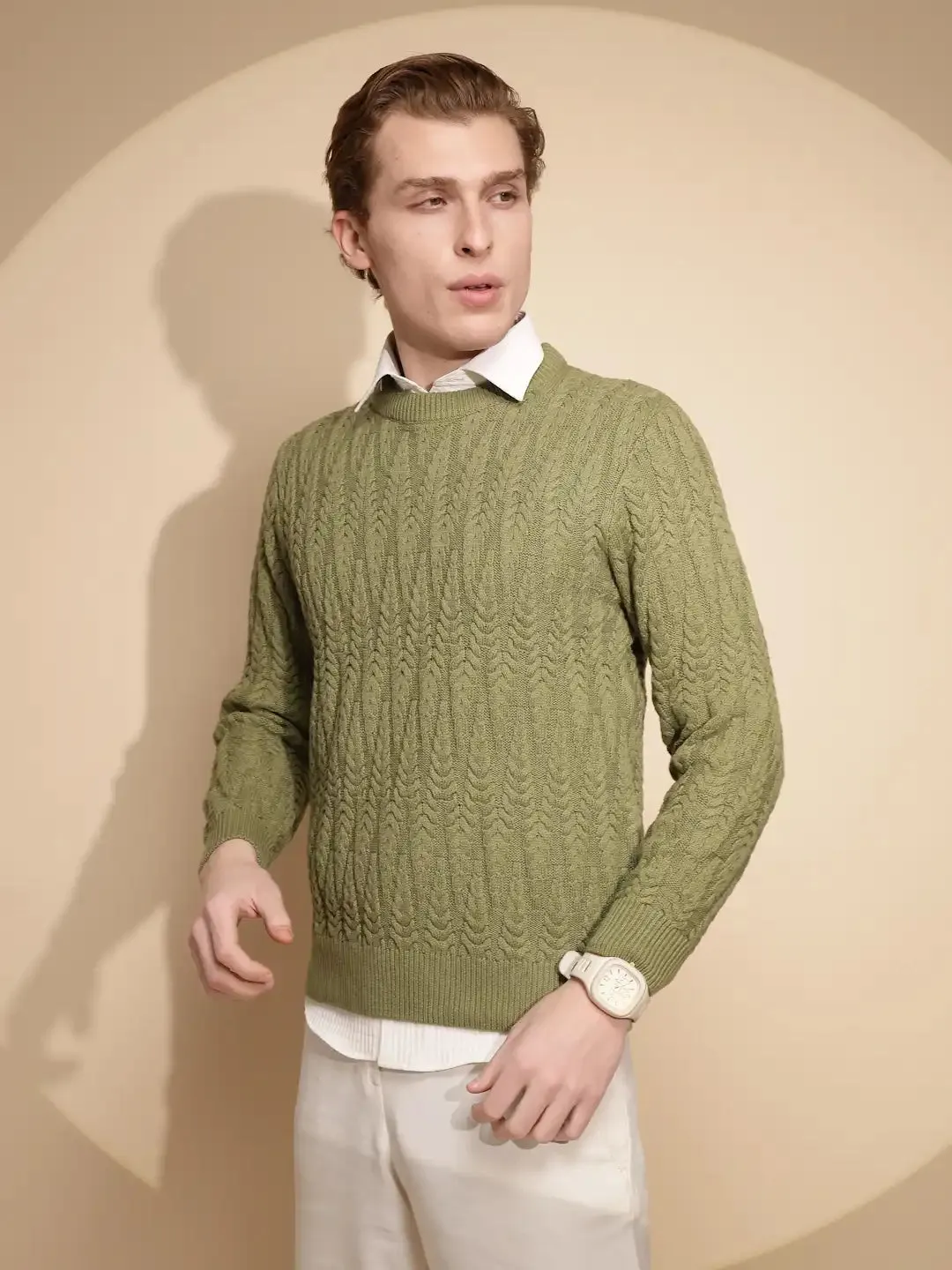 Men Green Solid Full Sleeve Round Neck Knitted Pullover