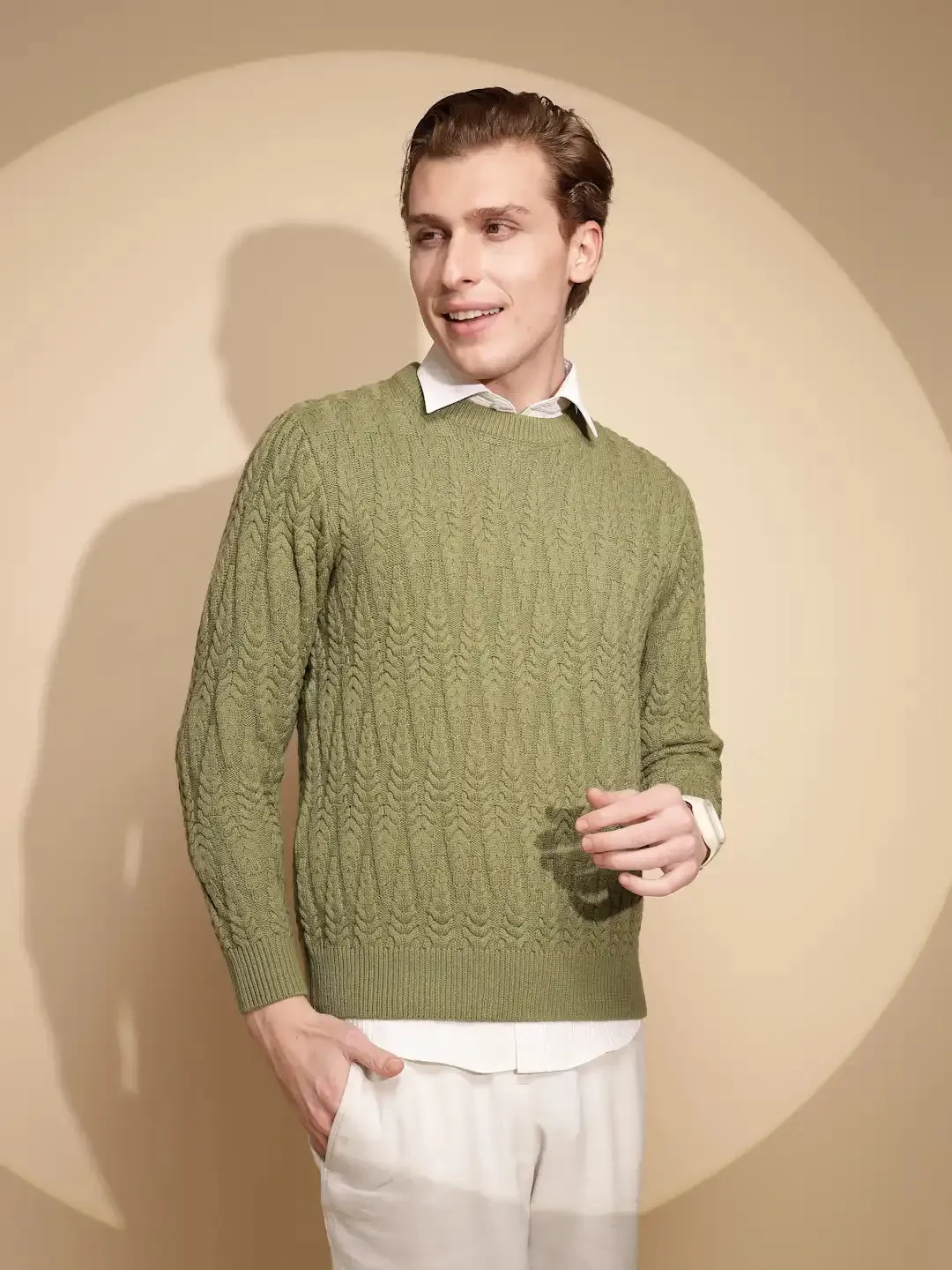 Men Green Solid Full Sleeve Round Neck Knitted Pullover