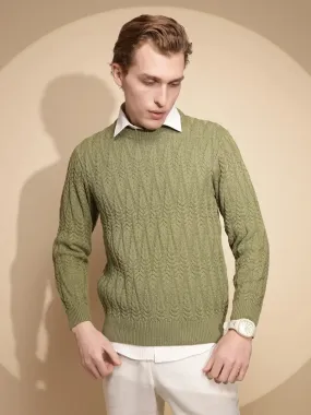 Men Green Solid Full Sleeve Round Neck Knitted Pullover