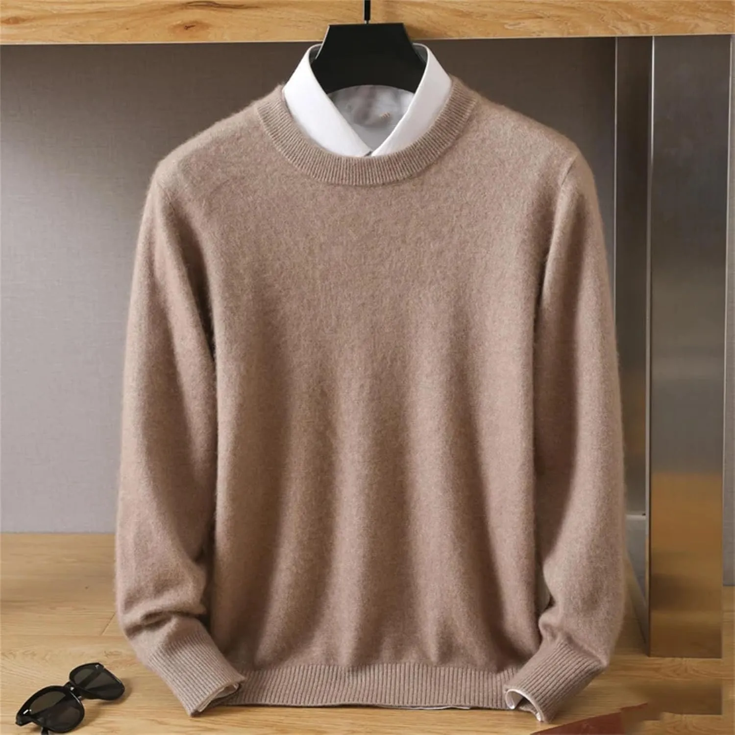 Men's 100% Cashmere Sweater Crew Neck Knit Oversized Loose Tops Winter Long Sleeve Warm Jumpers
