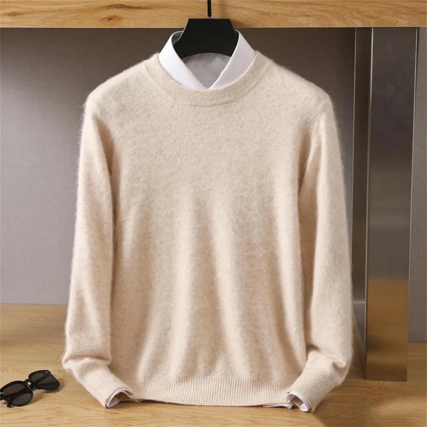 Men's 100% Cashmere Sweater Crew Neck Knit Oversized Loose Tops Winter Long Sleeve Warm Jumpers