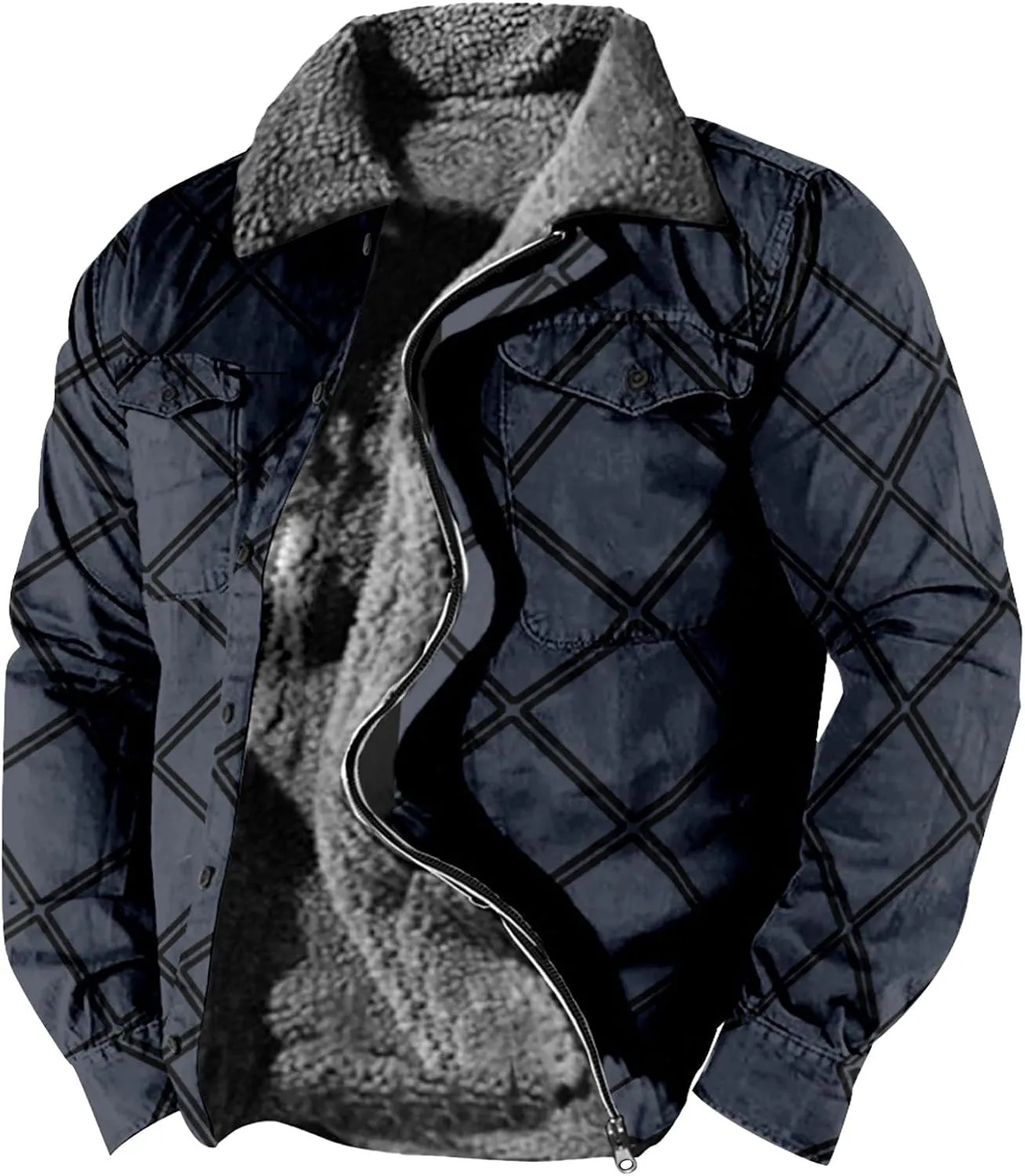 Men's Aztec Western Jackets Cowboy Winter Warm Sherpa Full Zip Fleece Coats Retro Ethnic Vintage Long Sleeve Jacket 2024