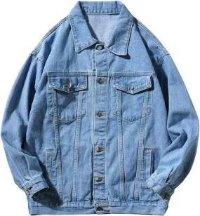 Mens Casual Stylish Denim Jackets Button Down Lapel Long Sleeve Jean Jacket Loose Antique Washed Trucker Coats
