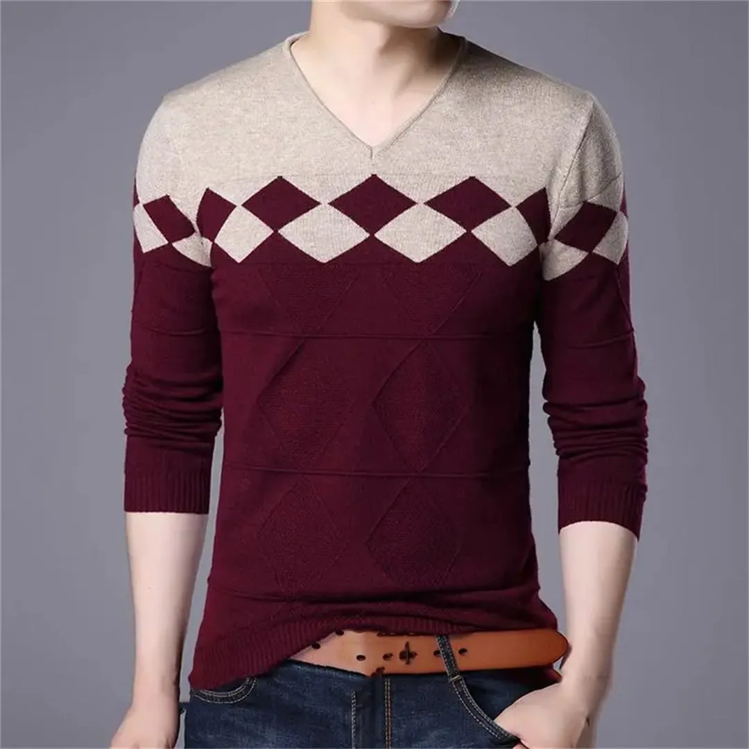 Men's Plaid Patchwork Knitted Pullover Sweater V-Neck Slim Long Sleeve Knit Jumpers Tops