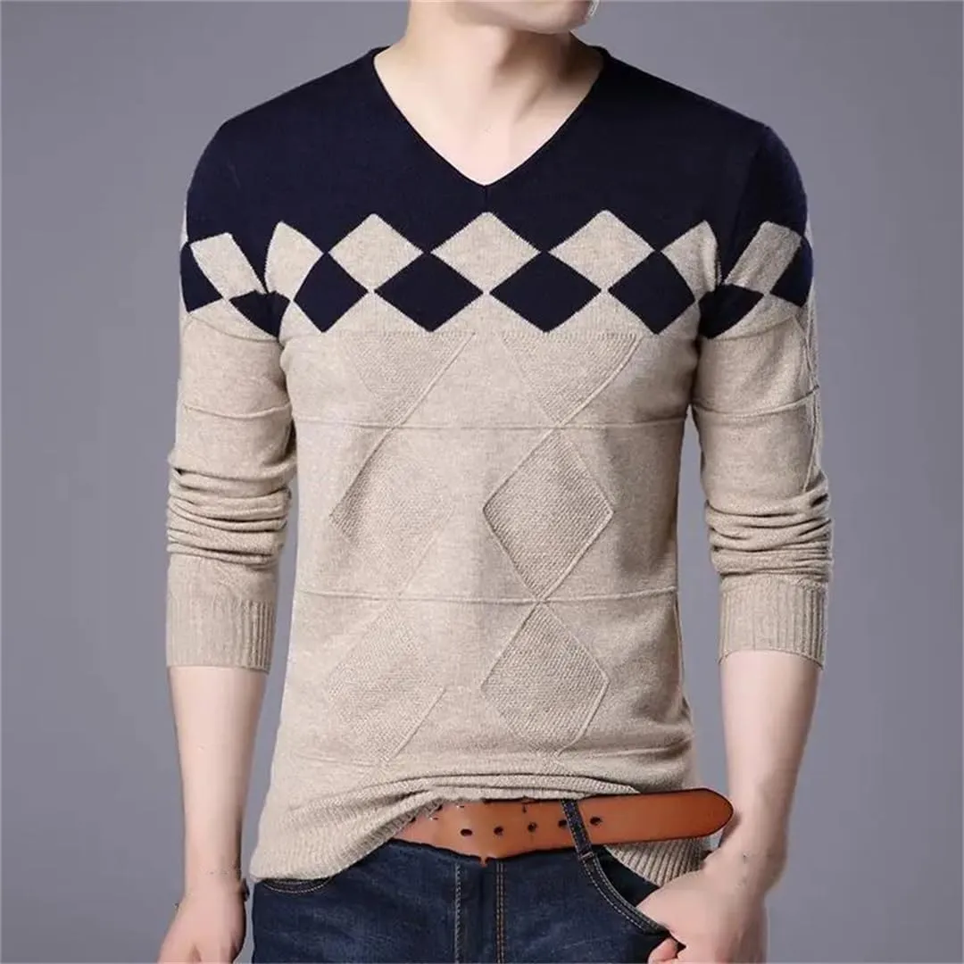 Men's Plaid Patchwork Knitted Pullover Sweater V-Neck Slim Long Sleeve Knit Jumpers Tops