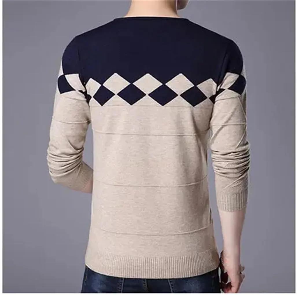 Men's Plaid Patchwork Knitted Pullover Sweater V-Neck Slim Long Sleeve Knit Jumpers Tops