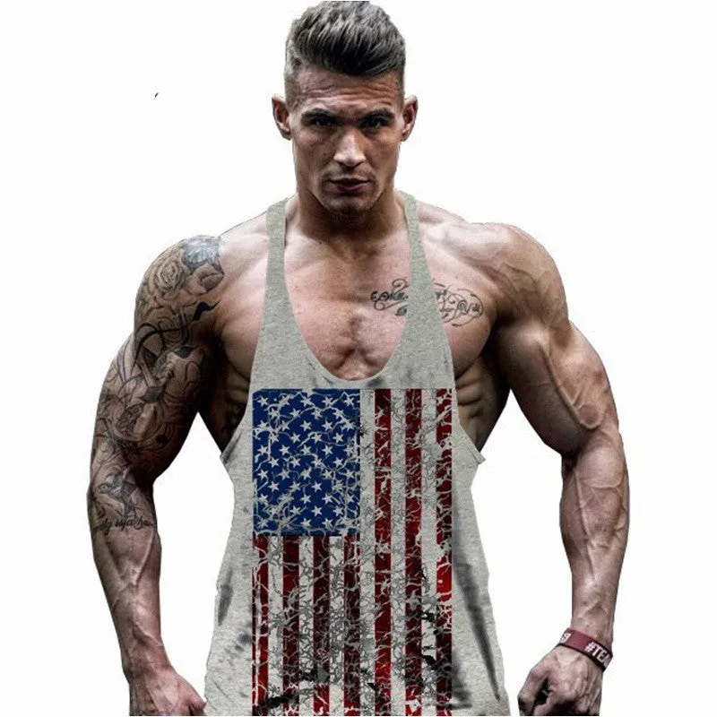 Men's Summer Workout Tank Top With US Flag Print