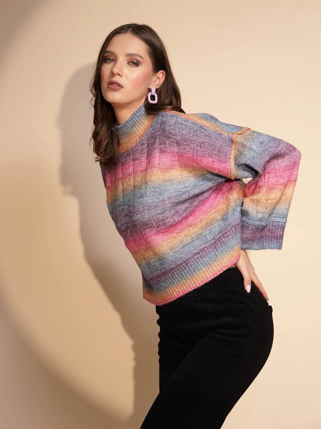 Multi Color High Neck Loose Fit Drop Shoulder Knitted Pullover