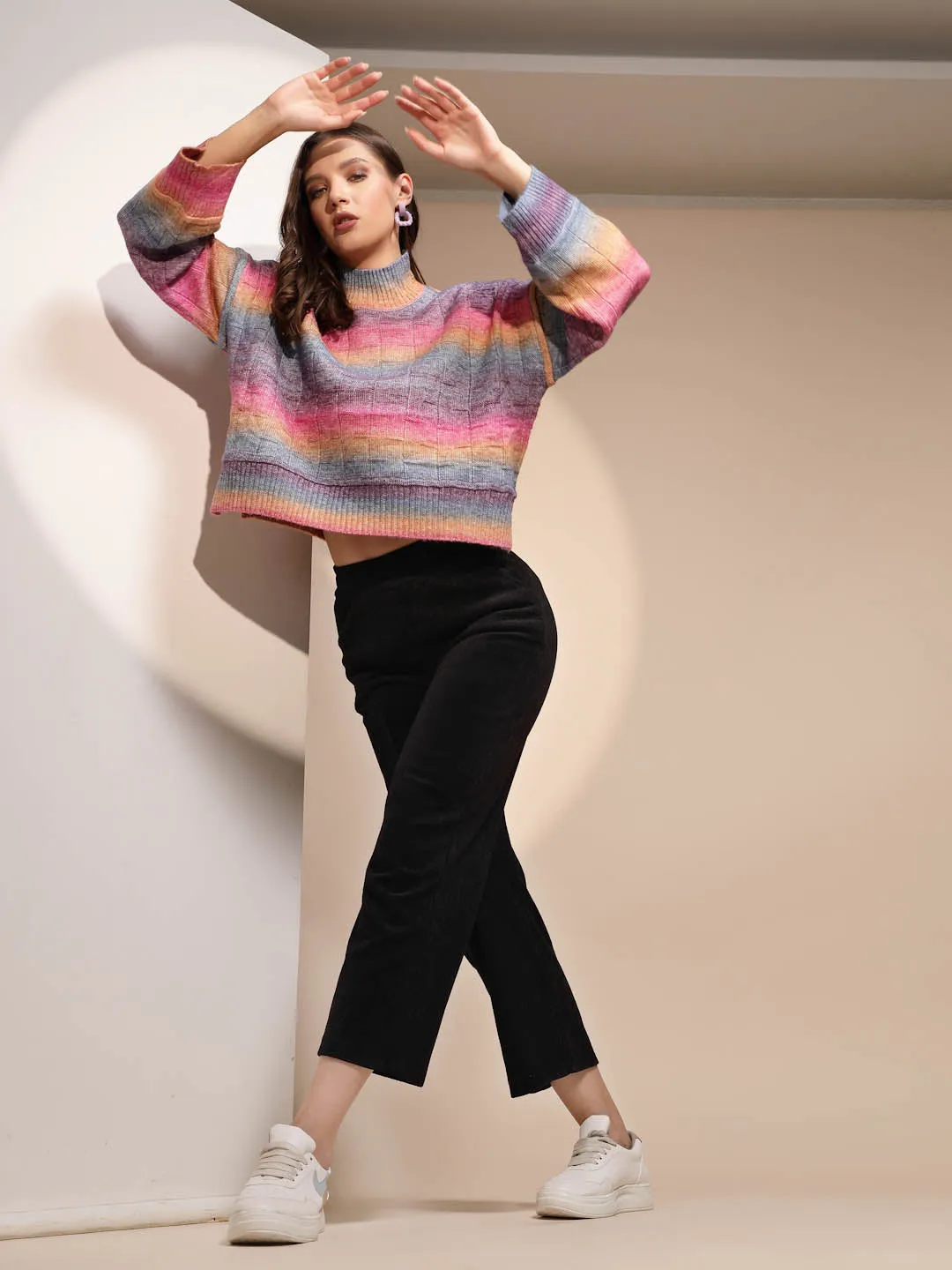 Multi Color High Neck Loose Fit Drop Shoulder Knitted Pullover