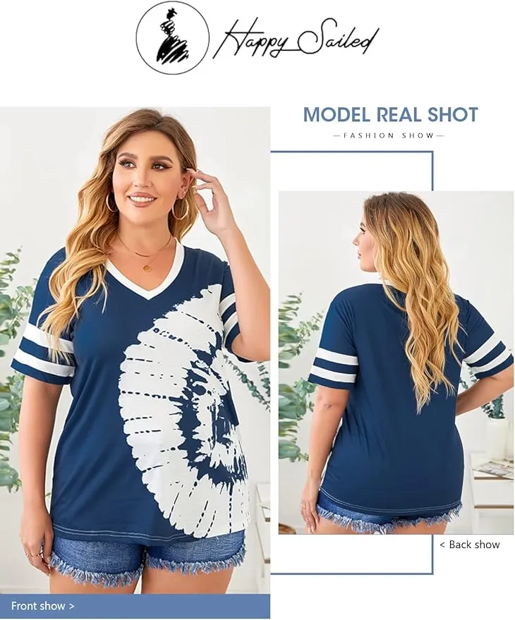 New Happy Sailed Womens Plus Size Tunic Tops Summer Short Sleeve V Neck Striped Loose Casual Tee Shirt Sz 3X! Retails $56 