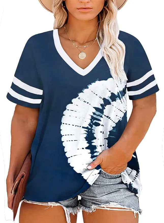 New Happy Sailed Womens Plus Size Tunic Tops Summer Short Sleeve V Neck Striped Loose Casual Tee Shirt Sz 3X! Retails $56 