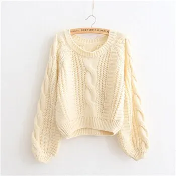 Nukty Autumn Fashion Sweet Casual Loose Lantern Sleeve Solid Simple O-Neck Twist Knitted Sweatshirt Women Pullovers Women Hooded