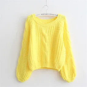 Nukty Autumn Fashion Sweet Casual Loose Lantern Sleeve Solid Simple O-Neck Twist Knitted Sweatshirt Women Pullovers Women Hooded