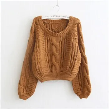 Nukty Autumn Fashion Sweet Casual Loose Lantern Sleeve Solid Simple O-Neck Twist Knitted Sweatshirt Women Pullovers Women Hooded