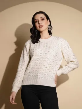 Off White Solid Full Sleeve Crew Neck Knitted Pullover