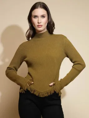 Olive Solid Full Sleeve Turtle Neck Woolen Fringed Pullover Sweater