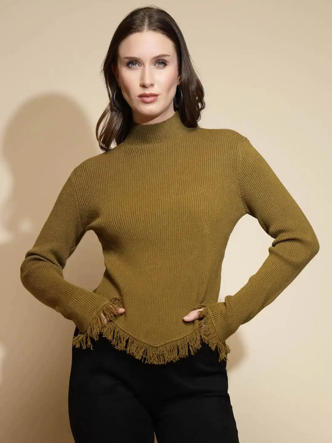 Olive Solid Full Sleeve Turtle Neck Woolen Fringed Pullover Sweater