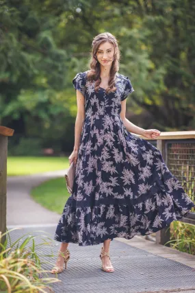 Papillon PD18600 Navy Leaf Print Short Sleeve Maxi Dress