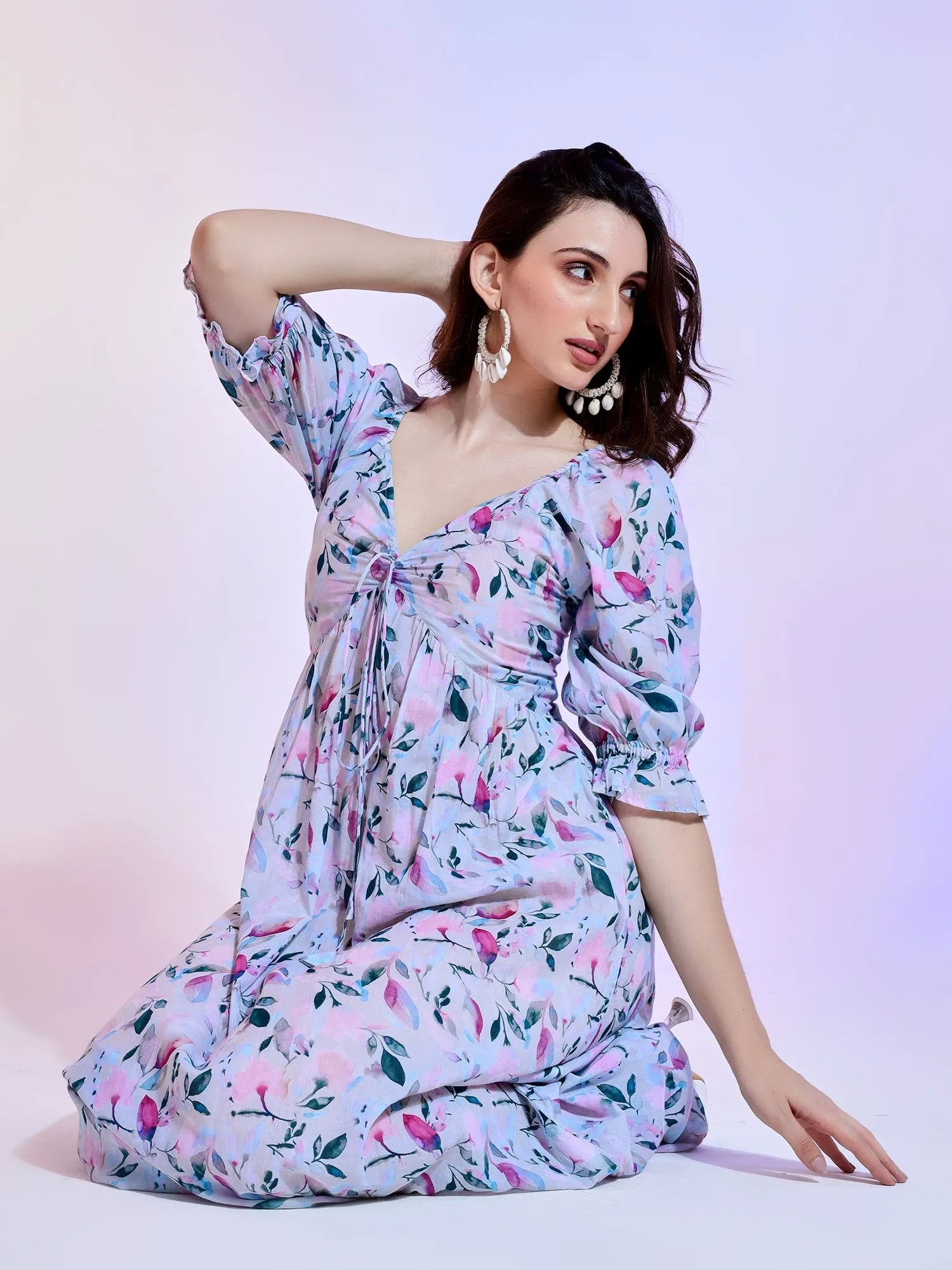 Pastel Floral Faux Wrap Maxi Dress with Ruffled Elastic Sleeves