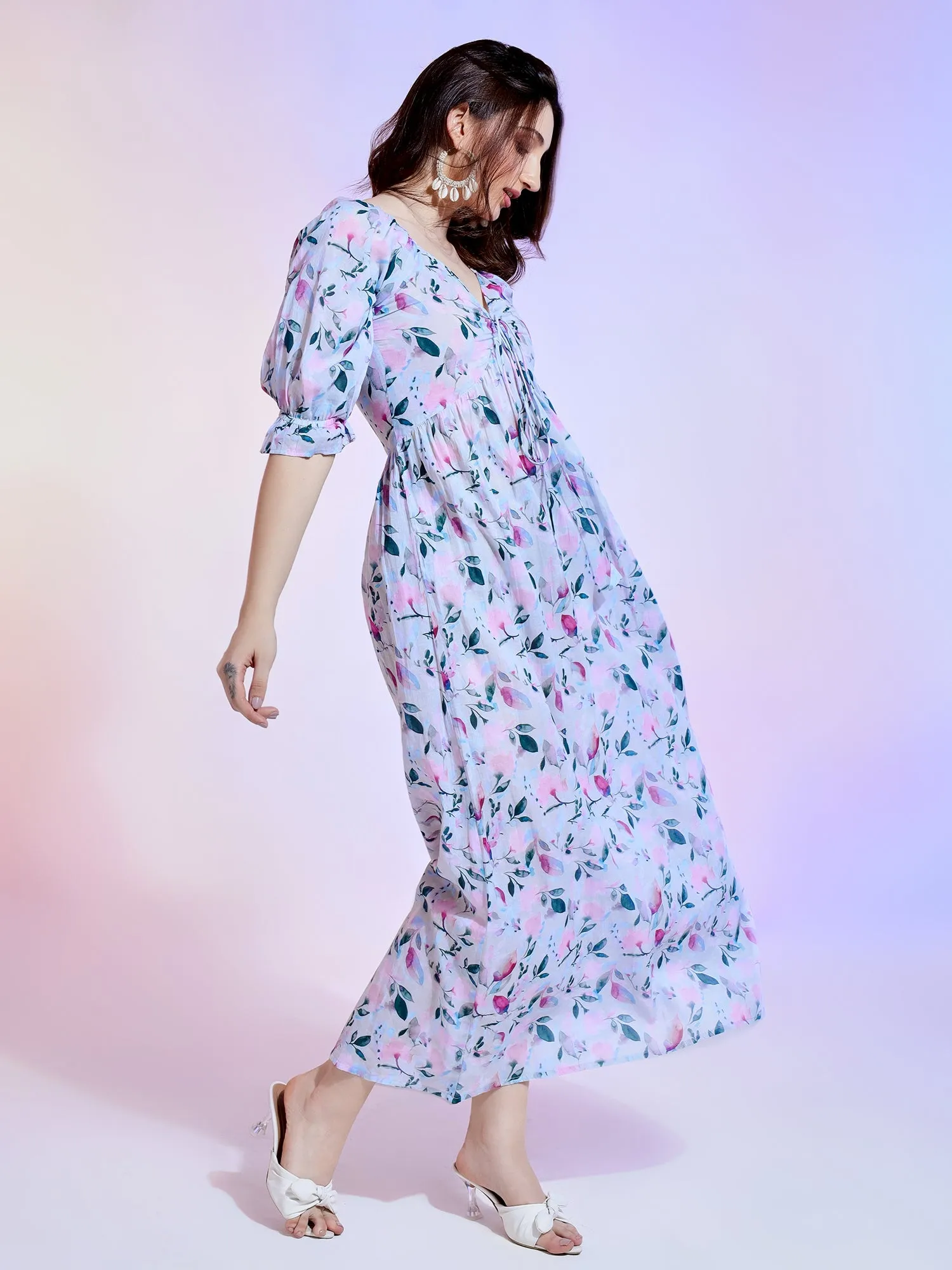 Pastel Floral Faux Wrap Maxi Dress with Ruffled Elastic Sleeves