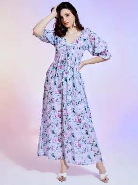 Pastel Floral Faux Wrap Maxi Dress with Ruffled Elastic Sleeves