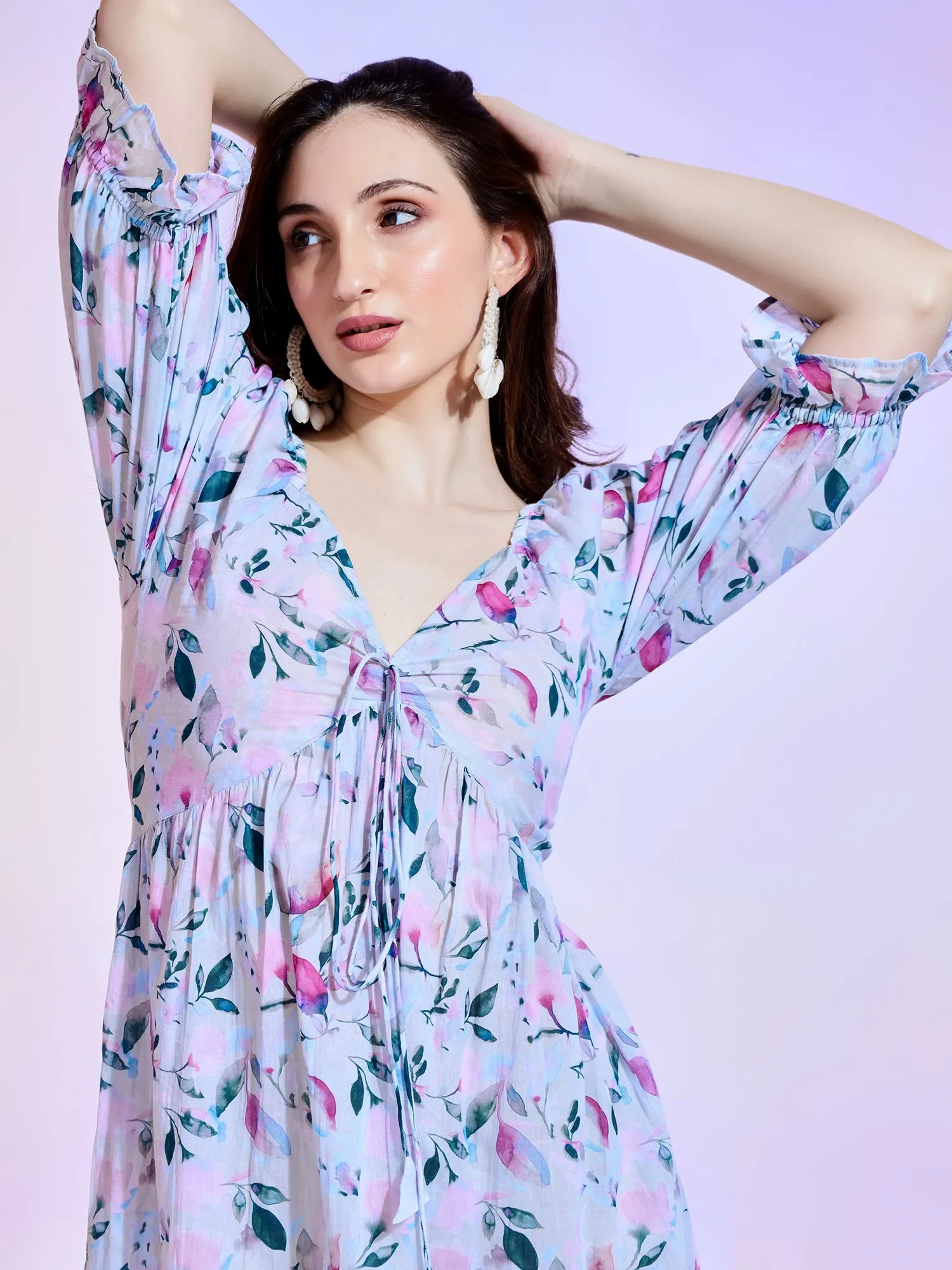 Pastel Floral Faux Wrap Maxi Dress with Ruffled Elastic Sleeves