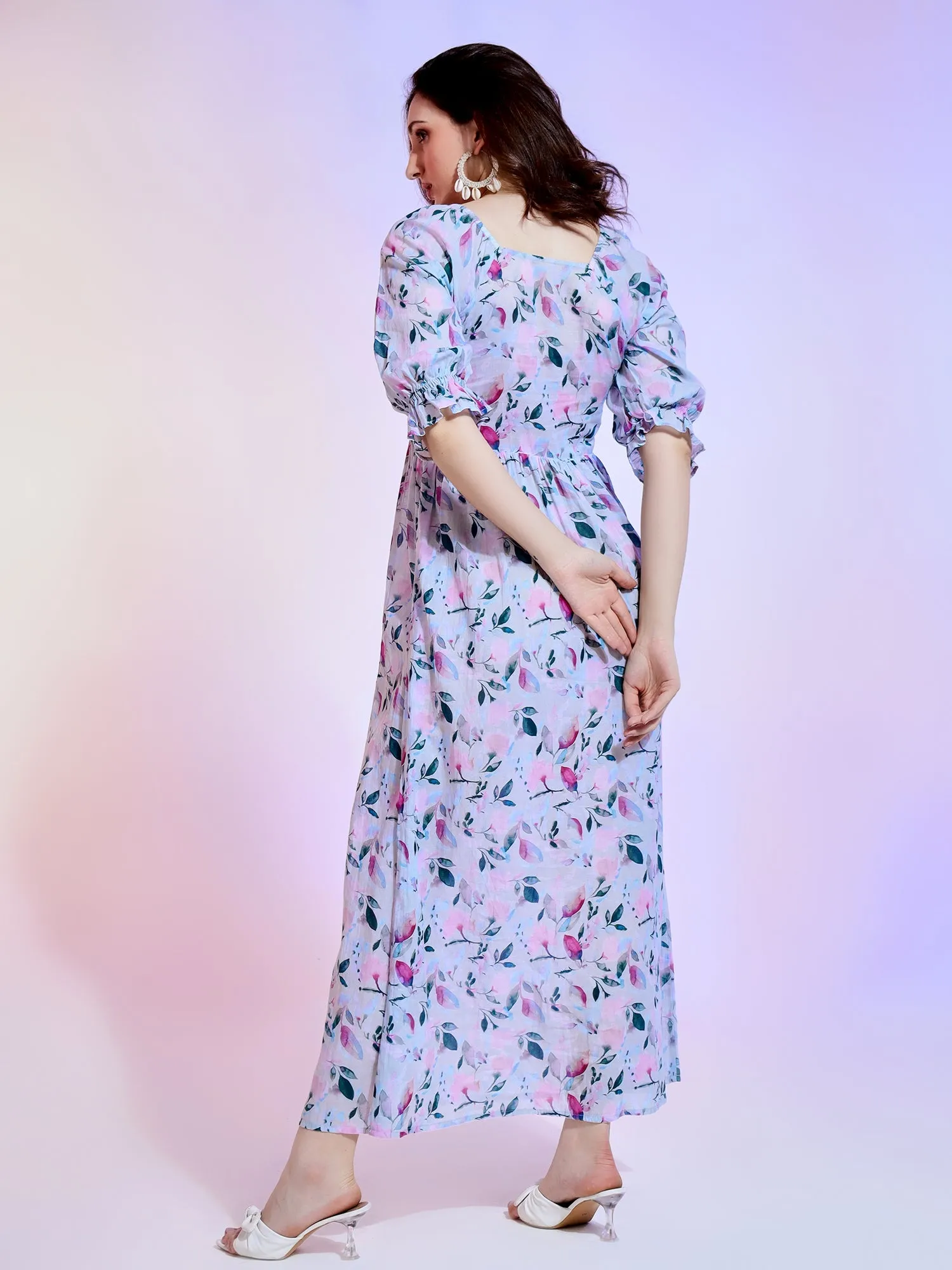 Pastel Floral Faux Wrap Maxi Dress with Ruffled Elastic Sleeves