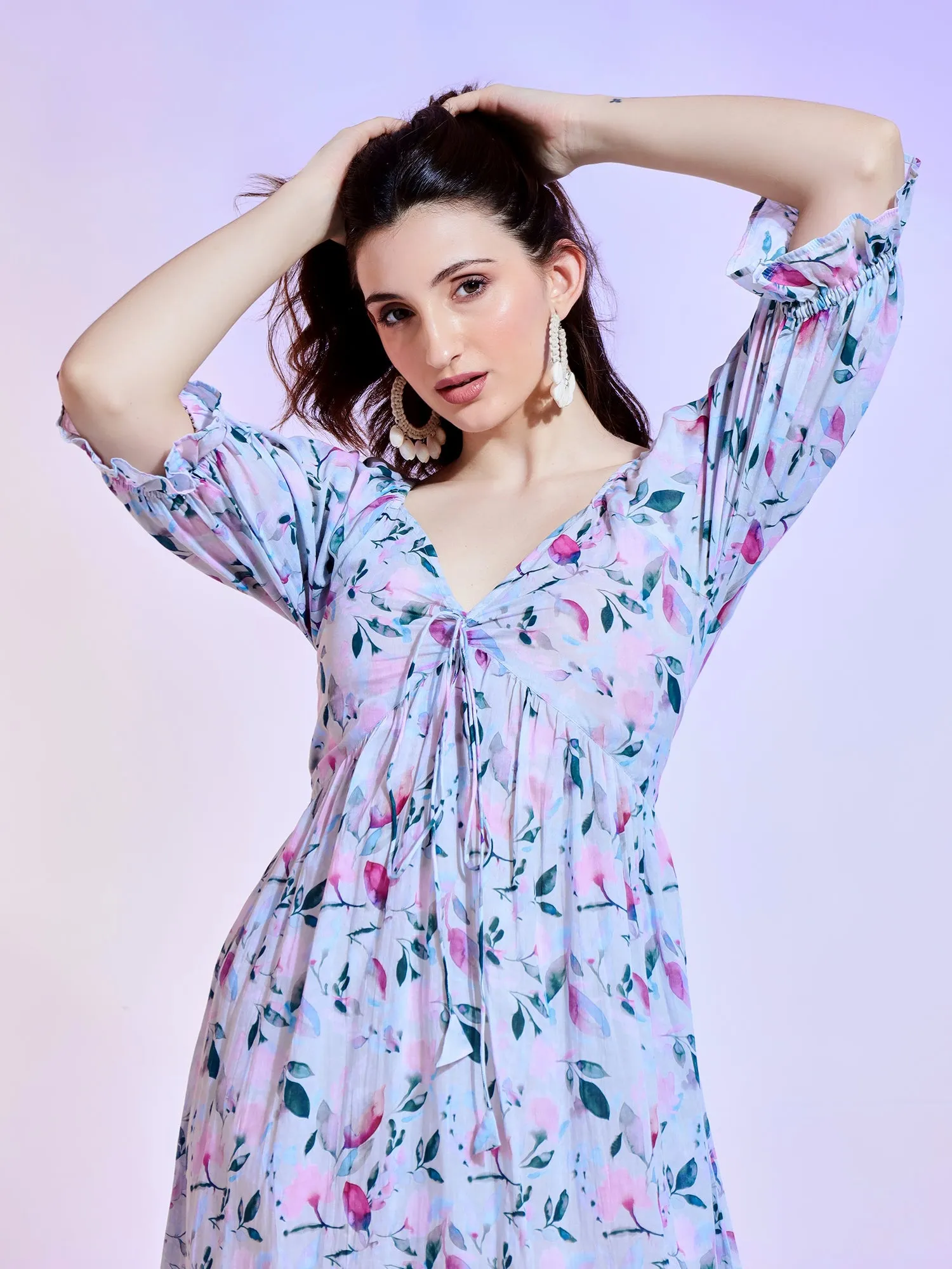 Pastel Floral Faux Wrap Maxi Dress with Ruffled Elastic Sleeves