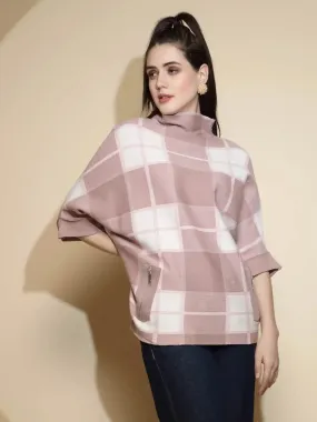 Pink Check Raglan Sleeve Turtle Neck Acrylic Pullover Sweater