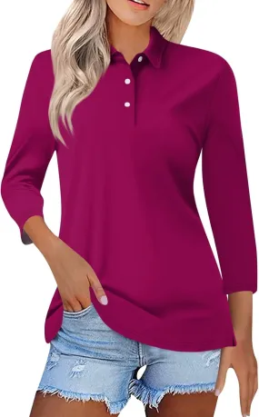 Polo Shirts for Women Summer Tops Button Down 3/4 Sleeve Golf Tees Shirts Lapel Collared Shirts Office Wear for Work