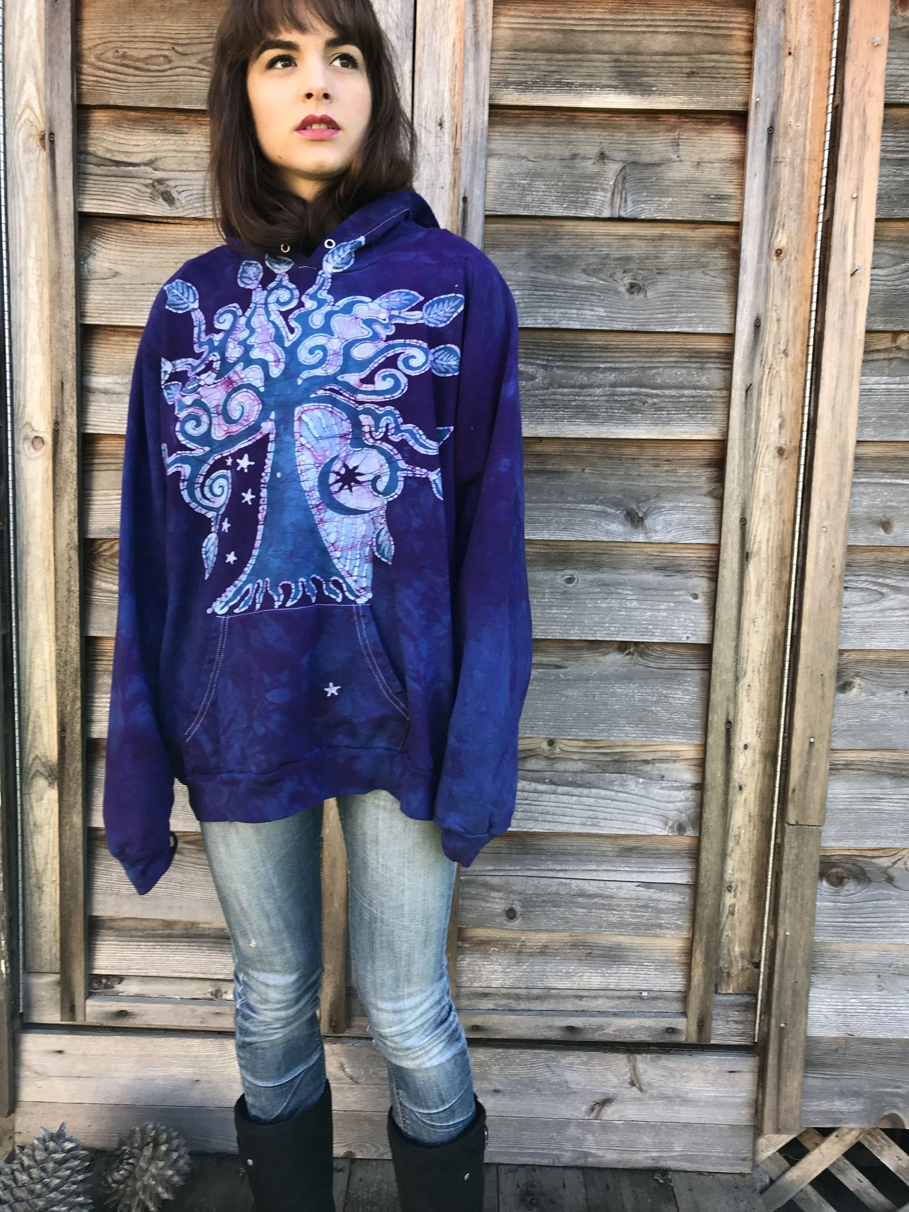 Purple Orchid Tree In The Moonlight Organic Cotton Batikwalla Hoodie - Unisex Size Large
