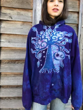 Purple Orchid Tree In The Moonlight Organic Cotton Batikwalla Hoodie - Unisex Size Large