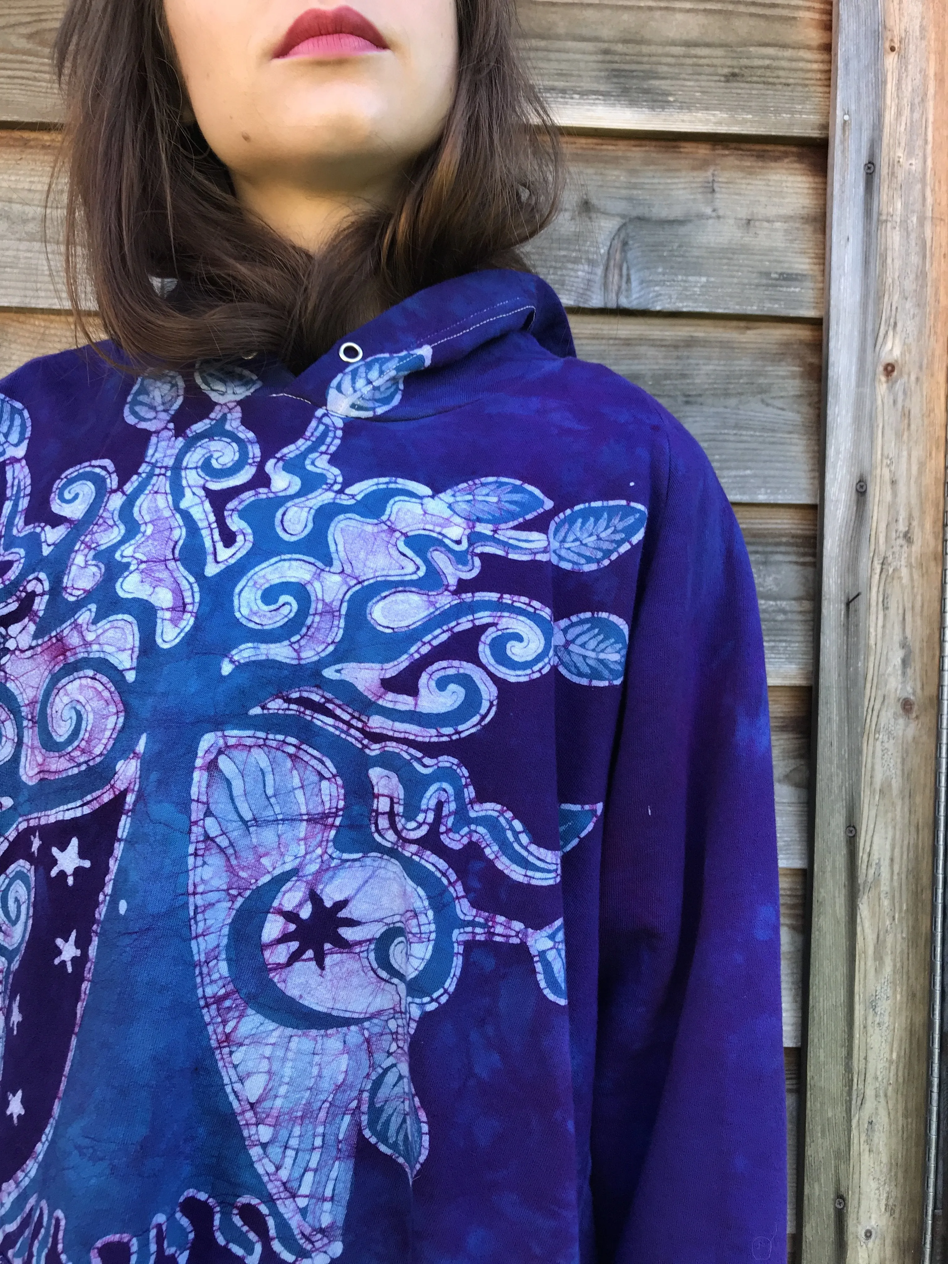 Purple Orchid Tree In The Moonlight Organic Cotton Batikwalla Hoodie - Unisex Size Large