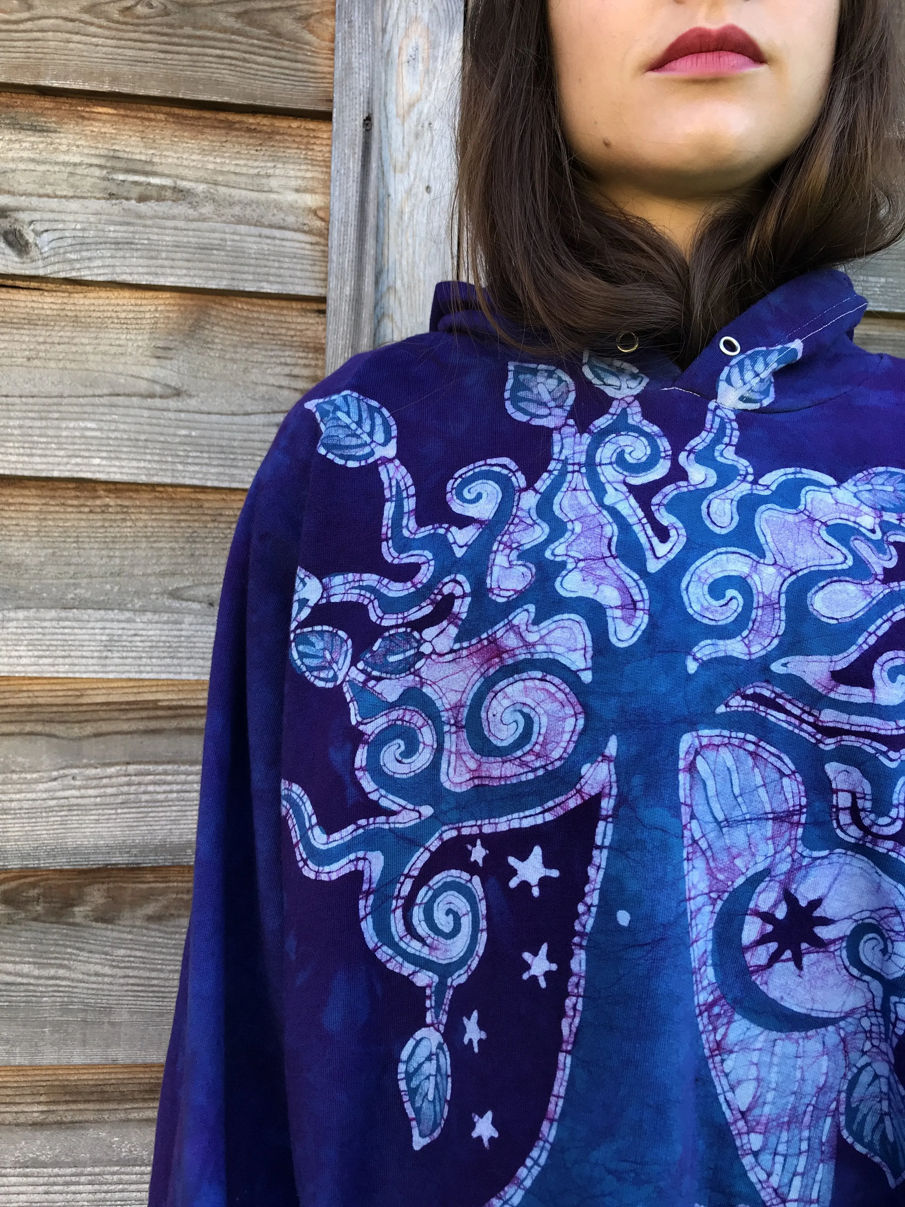 Purple Orchid Tree In The Moonlight Organic Cotton Batikwalla Hoodie - Unisex Size Large