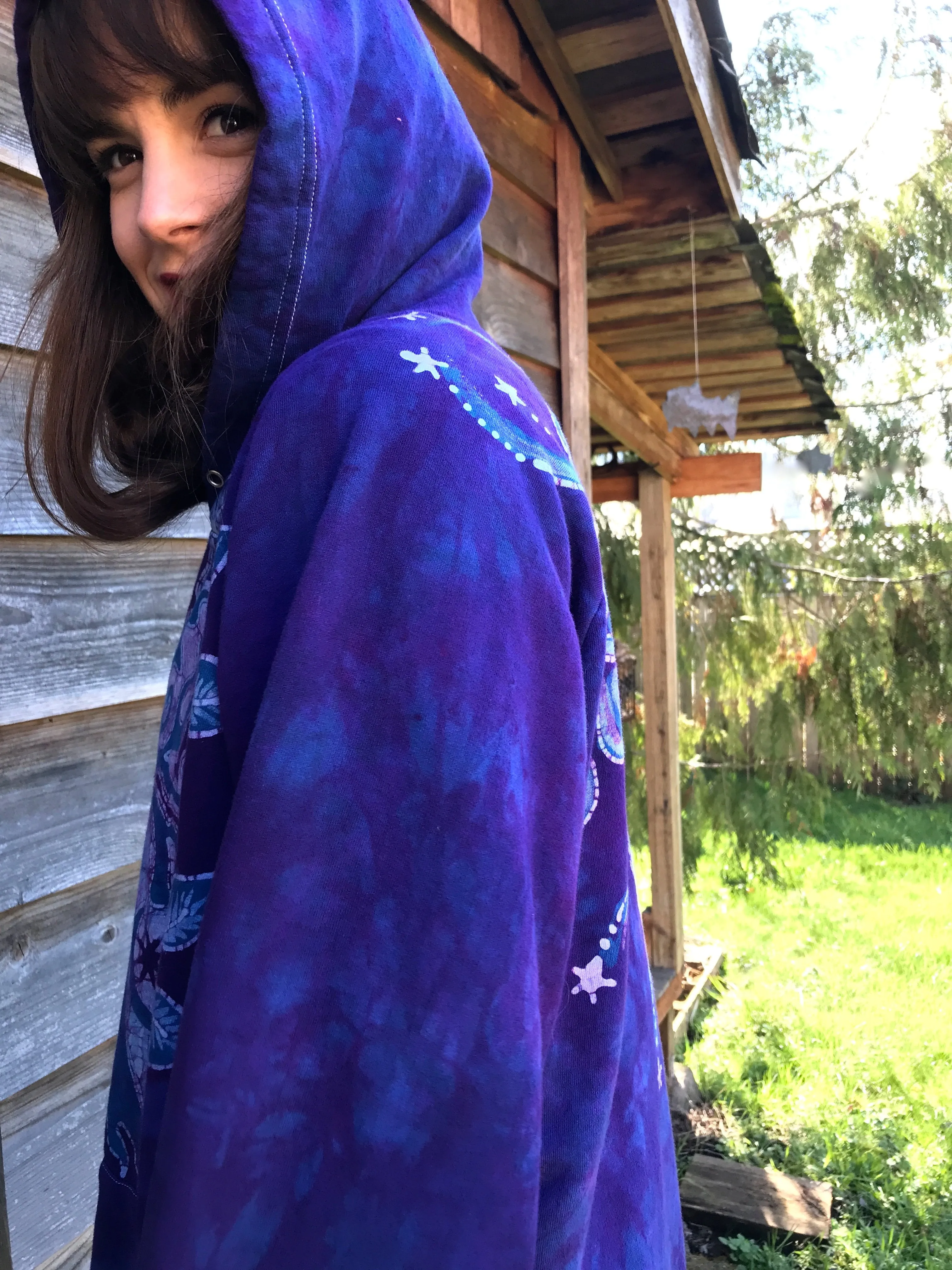 Purple Orchid Tree In The Moonlight Organic Cotton Batikwalla Hoodie - Unisex Size Large