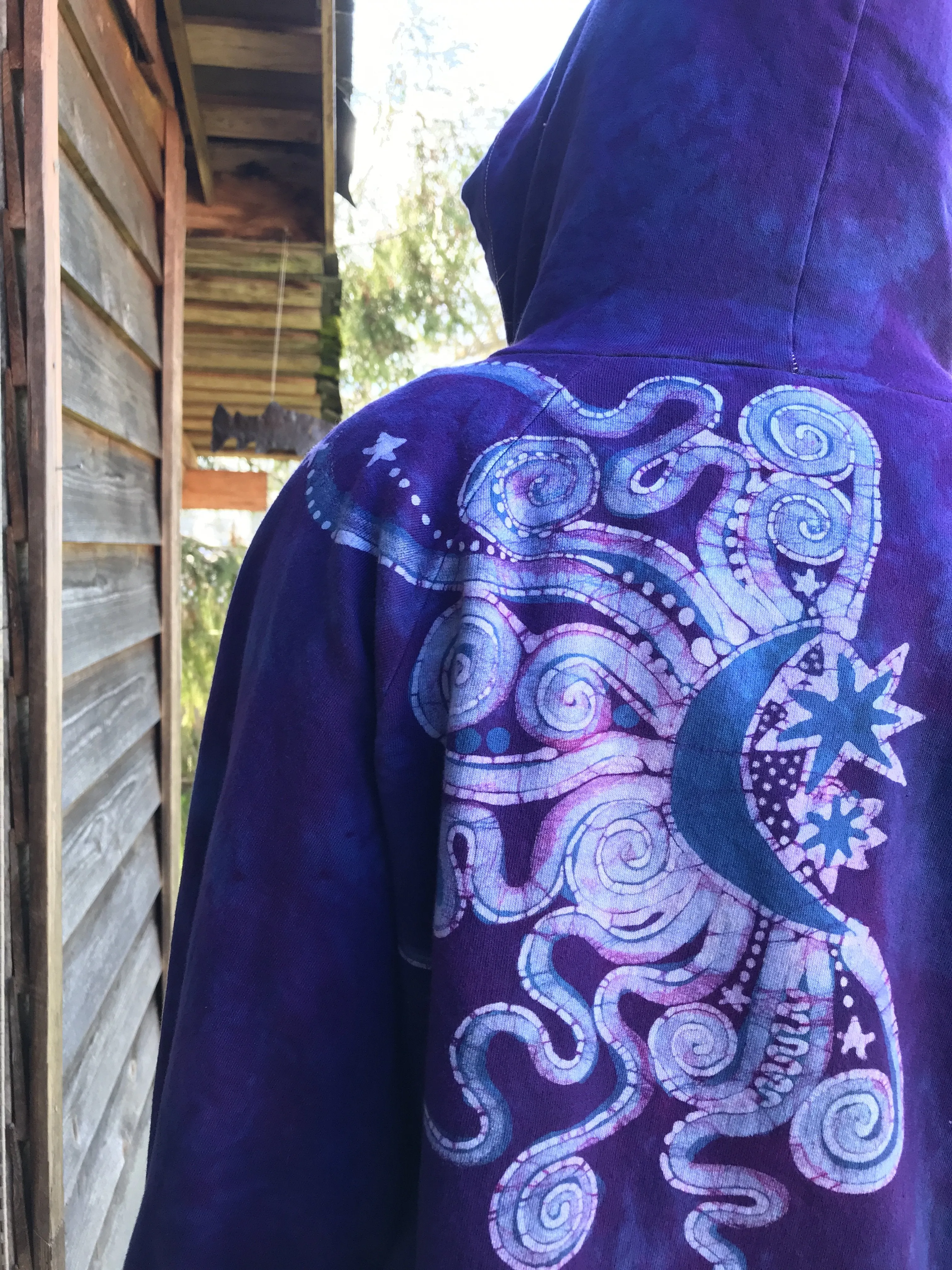 Purple Orchid Tree In The Moonlight Organic Cotton Batikwalla Hoodie - Unisex Size Large