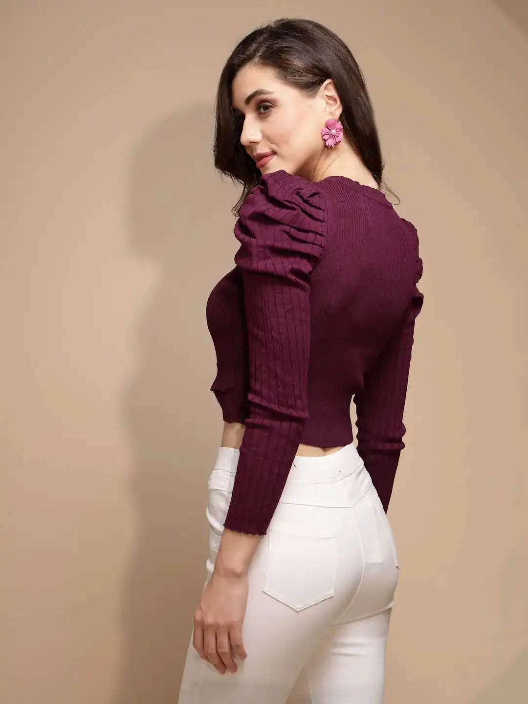 Purple Solid Round Neck Acrylic Pullover