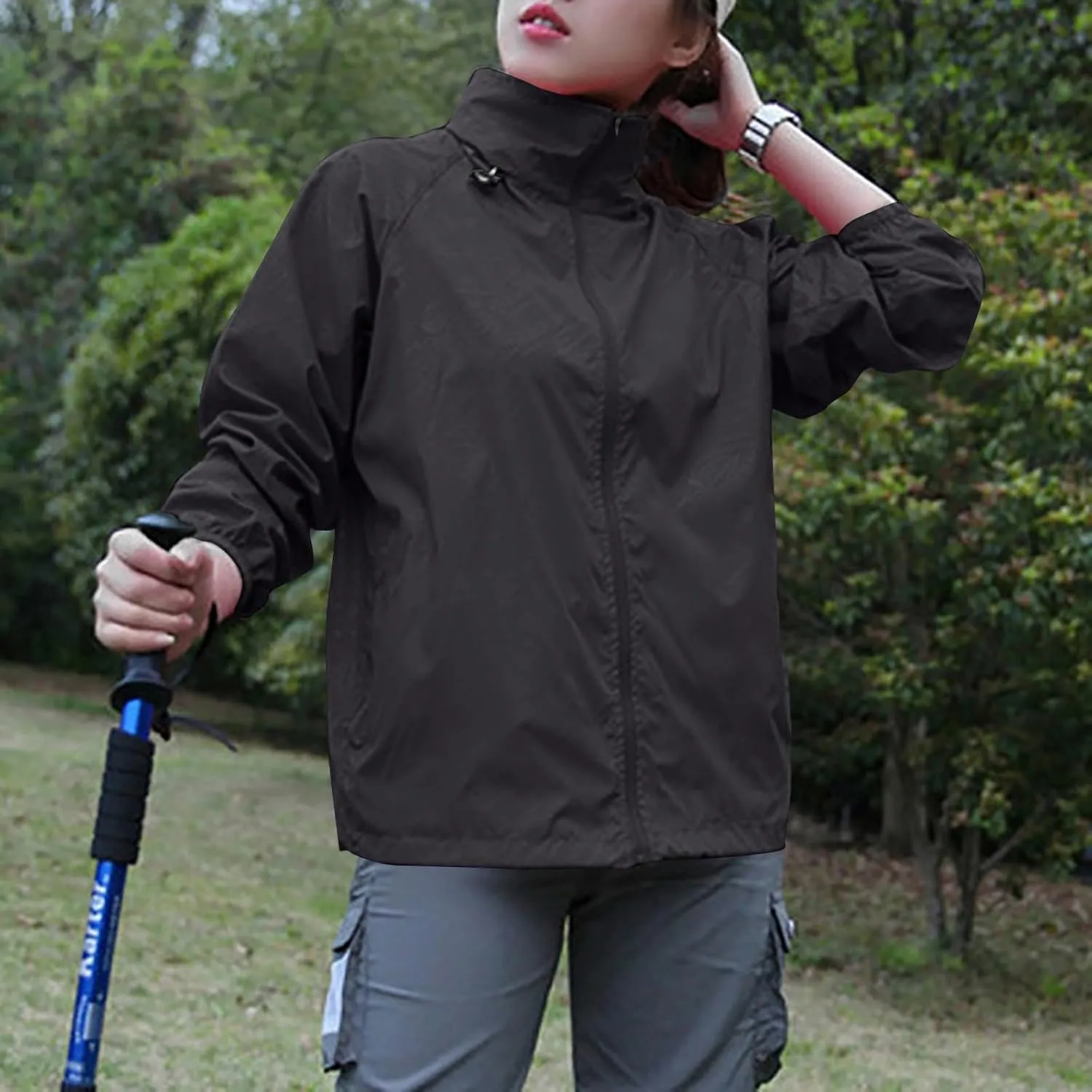 Rain Jacket for Women Lightweight Waterproof Raincoat Windbreaker Zip Up Jackets Outdoor Hooded Trench Coats
