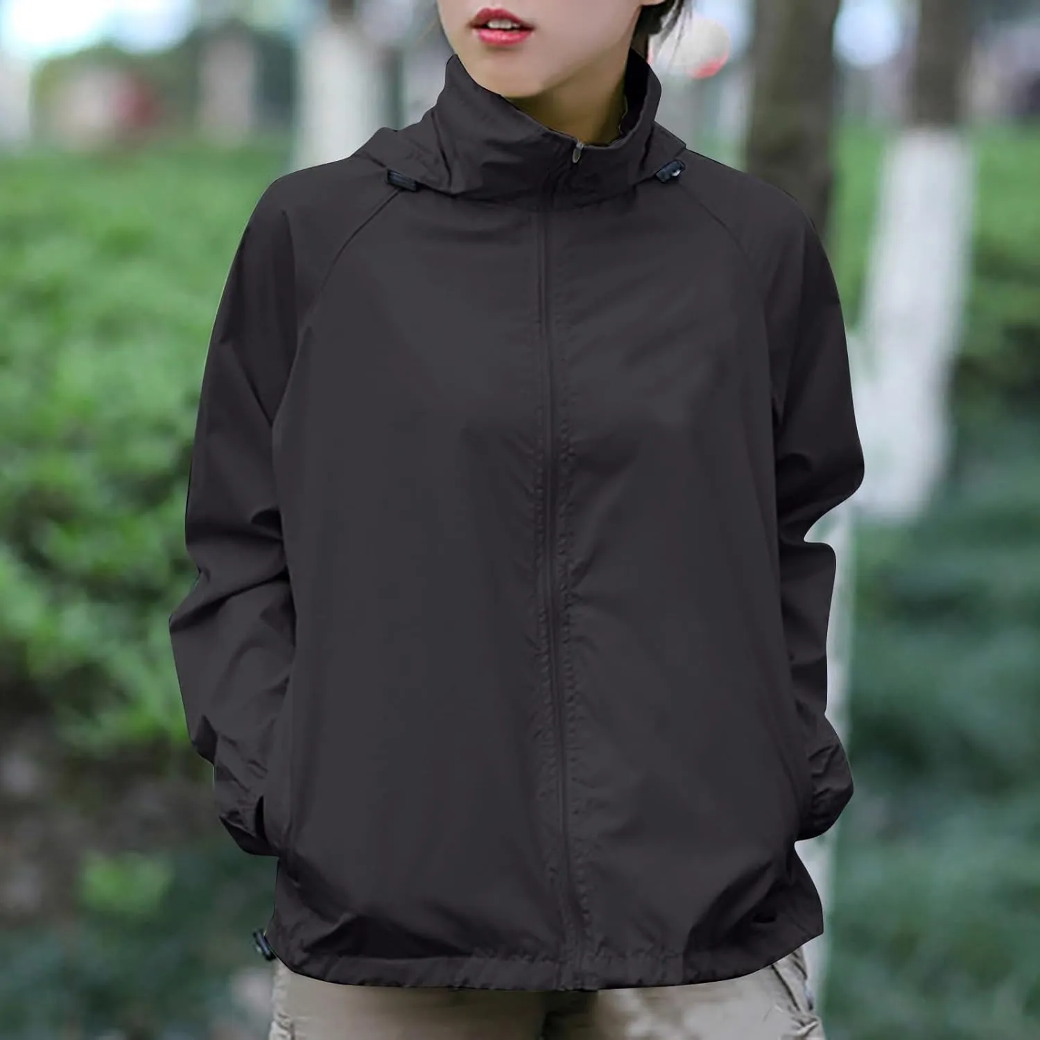 Rain Jacket for Women Lightweight Waterproof Raincoat Windbreaker Zip Up Jackets Outdoor Hooded Trench Coats