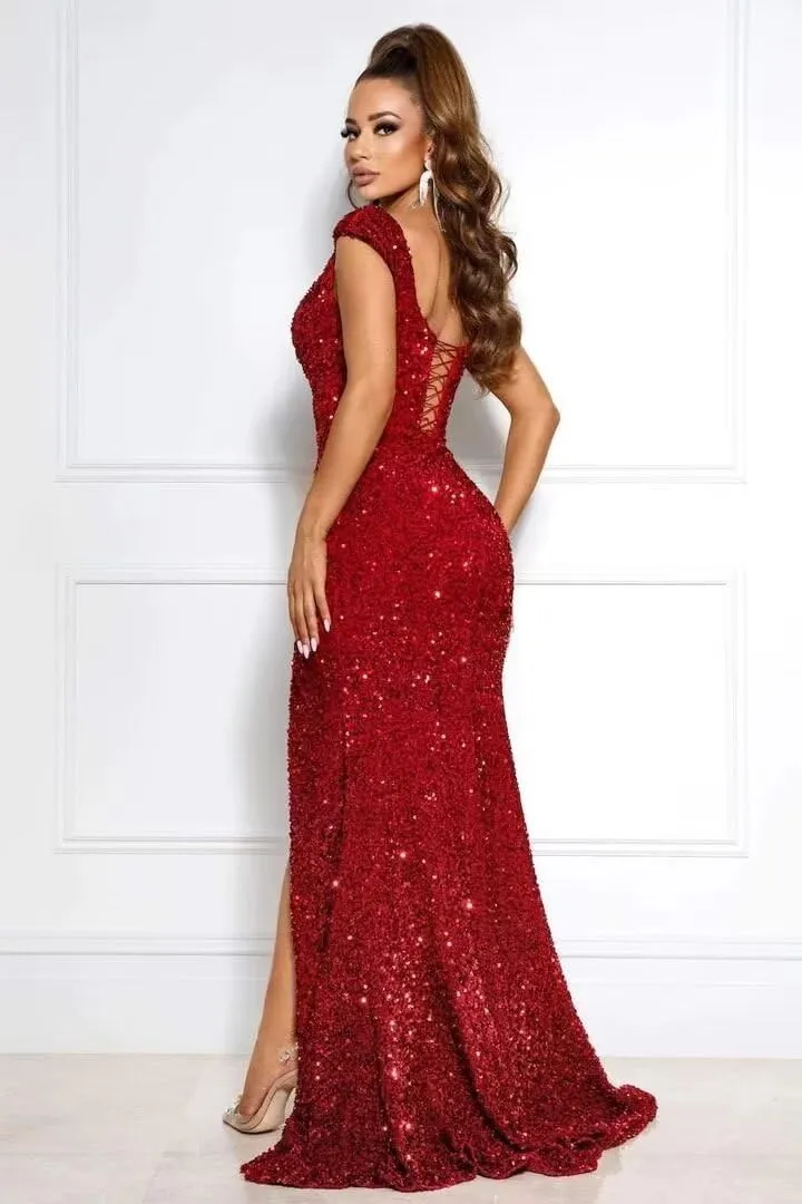 RSOETOO Sparkly Prom Dresses with Slit Long Mermaid Sequin Dress Off The Shoulder Ball Gowns Dress for Women RO032
