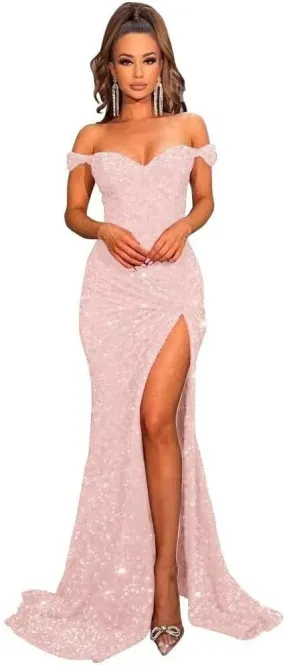 RSOETOO Sparkly Prom Dresses with Slit Long Mermaid Sequin Dress Off The Shoulder Ball Gowns Dress for Women RO032